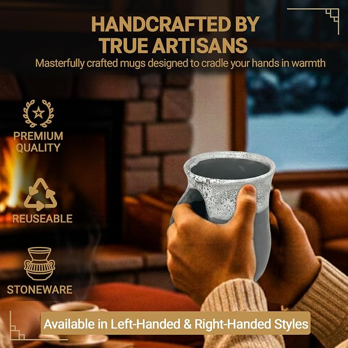 Clay in Motion Hand Warmer Coffee Mug – Handmade Coffee Mug With Comfortable Handle Contoured Pocket Hand Warming Ceramic Coffee Mug – Proudly Made in USA – Left Handed – 14 Oz - Snowcap