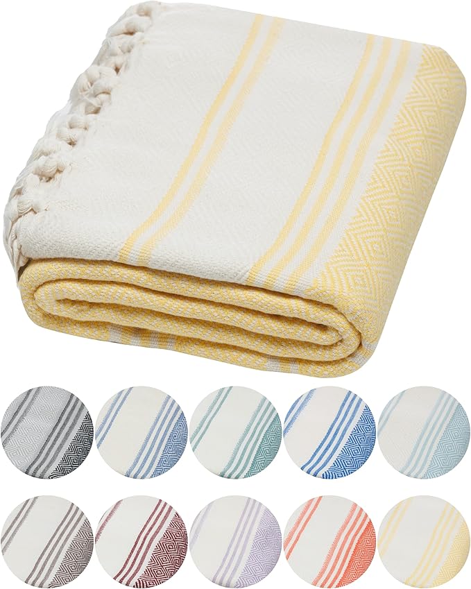 DEMMEX Organic Diamond Turkish Bath & Beach Towel | 100% Oeko-TEX Certified Turkish Cotton, Ultra-Soft, Quick-Dry, Lightweight, Oversized Luxury Peshtemal Towel, Prewashed, 71" x36, Butter Yellow