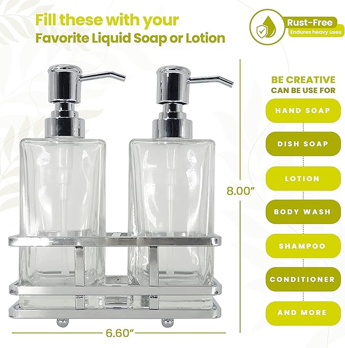 Square Glass Clear Lotion and Soap Pump Dispenser Set with Metal Stand Caddy for Bathroom Bath Kitchen Home Office Travel Hotel Hand Crafted Heavy Weight Chrome