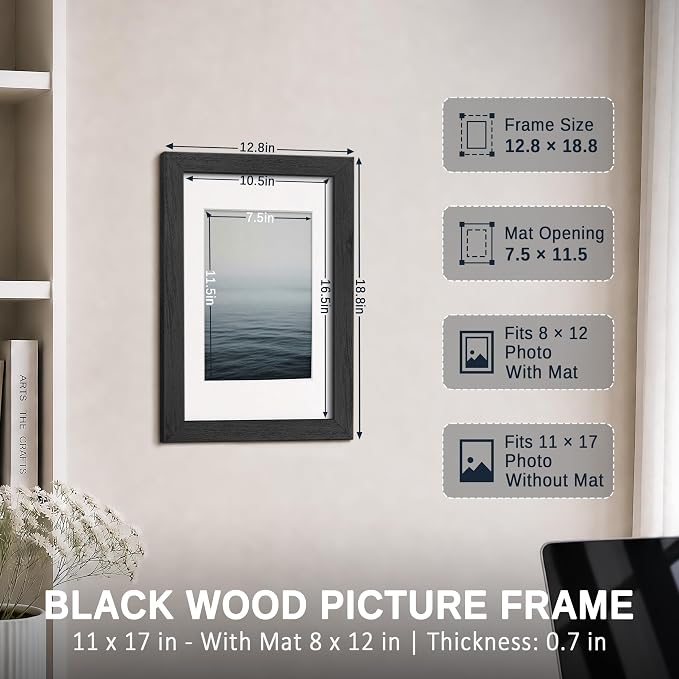 VCK 11x17 Picture Frames Black 3 Pack, Wide Border Solid Wood, Tempered Glass, Display 8x12 Photo with Mat or 11 x 17 without, for Home, Office, Gallery, Woodgrain Series, Wall Hanging