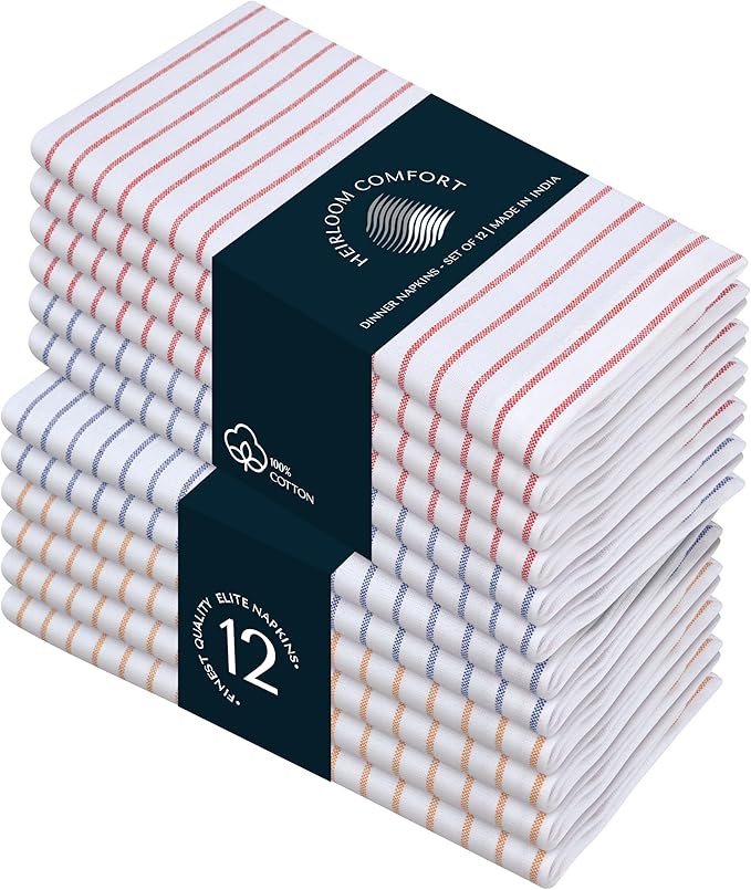 Multi Pack Stripe Napkins Set of 12, 18x18 Inch, 100% Cotton, Classic Striped Napkin for Dinner, Wedding, Reusable and Washable for Everyday Dining - Red, Indigo Blue, Mustard Yellow