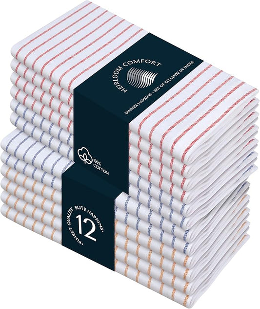 Multi Pack Stripe Napkins Set of 12, 18x18 Inch, 100% Cotton, Classic Striped Napkin for Dinner, Wedding, Reusable and Washable for Everyday Dining - Red, Indigo Blue, Mustard Yellow