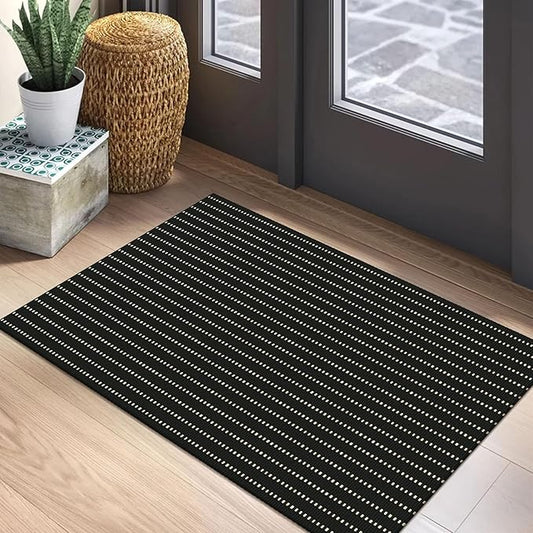 EARTHALL Small Area Rug 2x3 Ft Washable Rugs for Entryway Non Slip Braided Throw Rugs Door Mat Indoor Outdoor Entrance Cotton Woven Carpet for Kitchen Foyer Front Door, Black/Cream