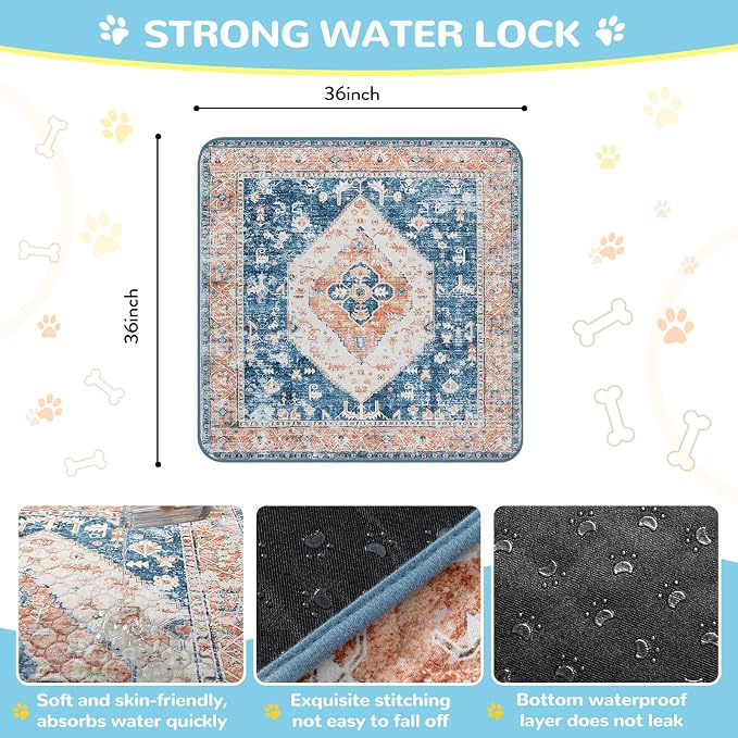Lahome Super Absorbent Washable Pee Pads for Dogs - Secure Floor Protection - Non-Slip, Leakproof Reusable Pads for Training, Crates & Playpens (2 Pack, 36"x36", Beige Blue)