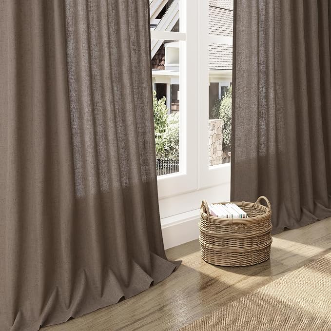 Light Brown Linen Curtains 120 Inch Extra Long for Living Room Back Tab Light Filtering Semi Sheer Drapes Modern Farmhouse Boho Decor Cotton Textured Curtain for Floor to Ceiling High Window 52x120