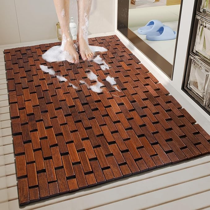 Bath Mat for Luxury Shower, Non-Slip Bamboo Sturdy Waterproof Bathroom Carpet for Sauna Spa Steps Decor and Accessory, Brown, 20" x 28"