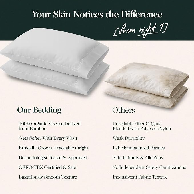 100% Organically Grown Bamboo Viscose Queen Pillowcases Set of 2, Cooling & Breathable, Silky Soft, Double-Stitched with 7-Inch Envelope Flap, Skin Friendly 2 Pcs, Light Grey
