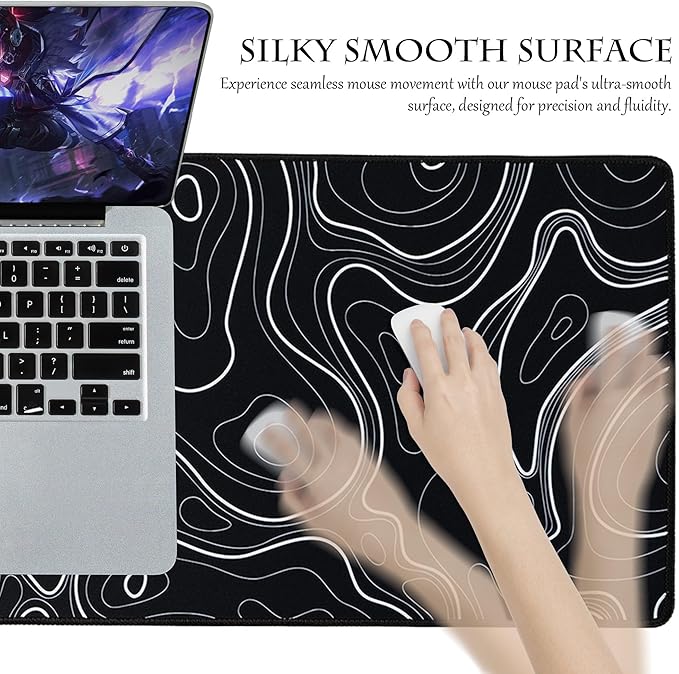ALOANES Waterproof Mouse Pad with Durable Stitched Edge, XL Gaming Keyboard Pad, Non-Slip Rubber Base, Extended Desk pad for Gamer, Office & Home, Black Topographic Map Mousepad 31.5"x 11.8"x 0.12"
