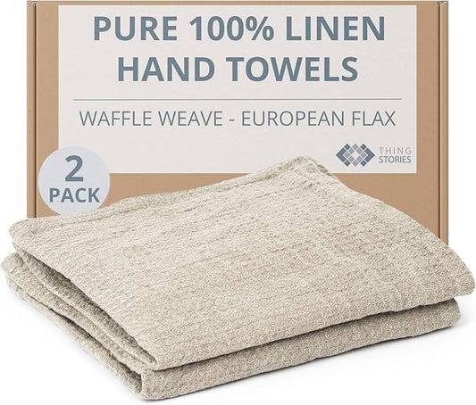 100% European Linen Hand Towels for Kitchen & Bath - Set of 2 - Waffle Weave, Highly Absorbent & Quick-Dry - 14 x 28 in - Stone Washed Flax