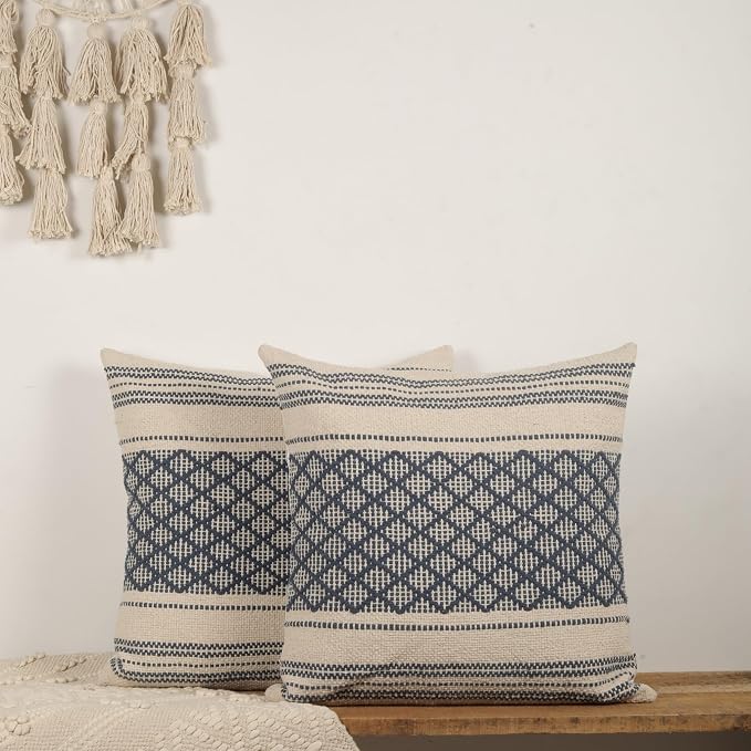 Trade Star Set of 2 Boho Throw Pillow Covers – 20x20 Handloomed 100% Cotton Cushion Covers, Rustic Farmhouse Decor for Couch, Bed, Indoor/Outdoor Use