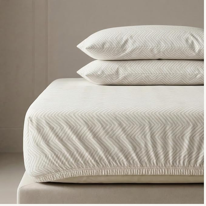 MakeMake Organics Organic Queen Fitted Sheet Set GOTS Certified Organic Cotton Fitted Sheet with Pillowcase Ultra Soft Non Toxic Breathable Hypoallergenic Colorful Neutral (Queen, Herringbone)