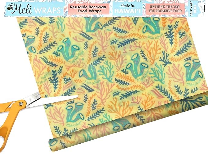 Meli Wraps - Reusable Beeswax Wrap Roll, Zero Waste Beeswax Wraps for Covering Food, Kitchen Roll for Food Storage, 13.5 x 42, Reef
