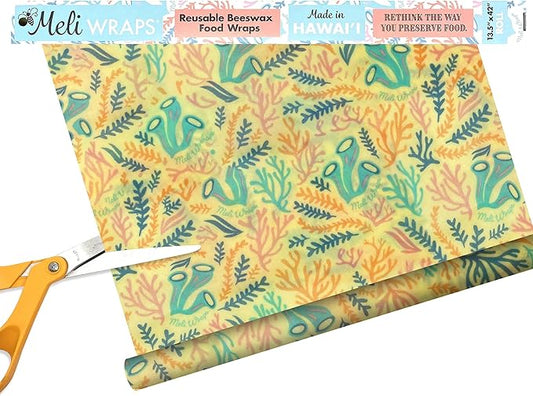 Meli Wraps - Reusable Beeswax Wrap Roll, Zero Waste Beeswax Wraps for Covering Food, Kitchen Roll for Food Storage, 13.5 x 42, Reef