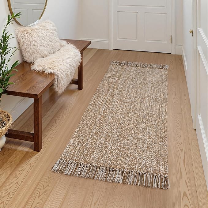 Collive Kitchen Runner Rug, 2' x 4.3' Modern Farmhouse Washable Entryway Door Mat, Tan Bathroom Carpet Hand Woven Reversible Indoor Outddor Rugs for Hallway Foyer Bedroom Decor