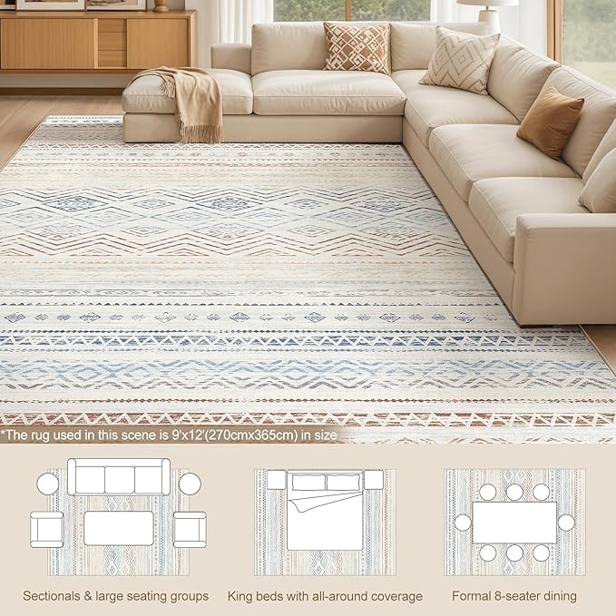 Tortania Area Rug Living Room Rugs- 9x12 Washable Large Soft Neutral Boho Moroccan Bohemian Farmhouse Rug Indoor Floor Carpet for Bedroom Under Dining Table Home Office Decor - Multicolor