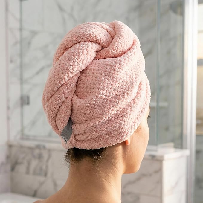 1 Pink Microfiber Hair Towel Wrap for Women, Extra Long Super Absorbent Hair Drying Towel with Bear Button, Quick Dry Anti-Frizz Hair Turban for Curly Thick Hair, Lightweight for Long Short Hair