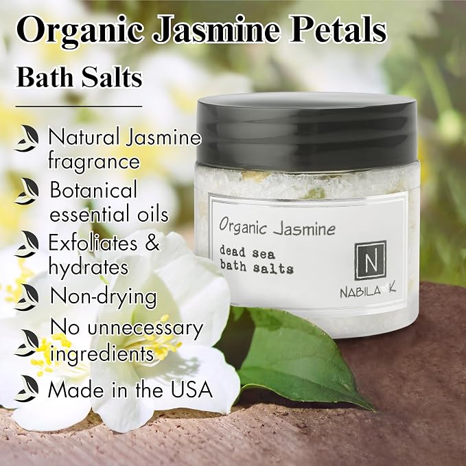 Organic Jasmine Bath Salts for Women & Men - Dead Sea Salt & Epsom Salt Soak and Scrub - Organic Jasmine Buds & Essential Oil, Cruelty-Free, Sulfate-Free | 8 oz | Nabila K