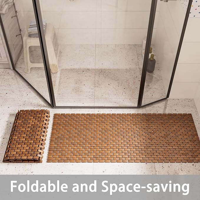 47"x20" Non-Slip Shower Mat for Bathroom, Teak Wood Bath Mat, Large Quick-Dry Floor Mats for Bathtub or Spa, Outdoor