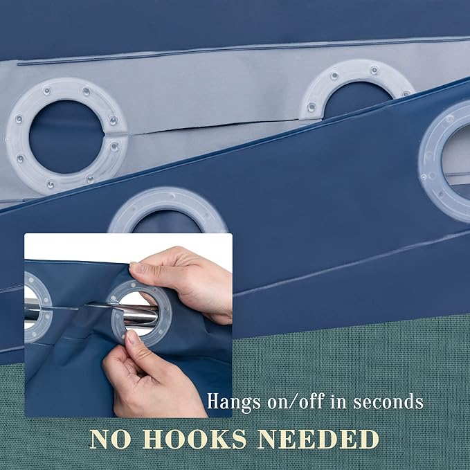 No Hook PEVA Shower Curtain or Liner - 8G Heavy Duty Blue Bathroom Shower Curtain No Hooks Required, Waterproof Plastic & PVC Free, Standard Size 71 x 74, Navy Blue