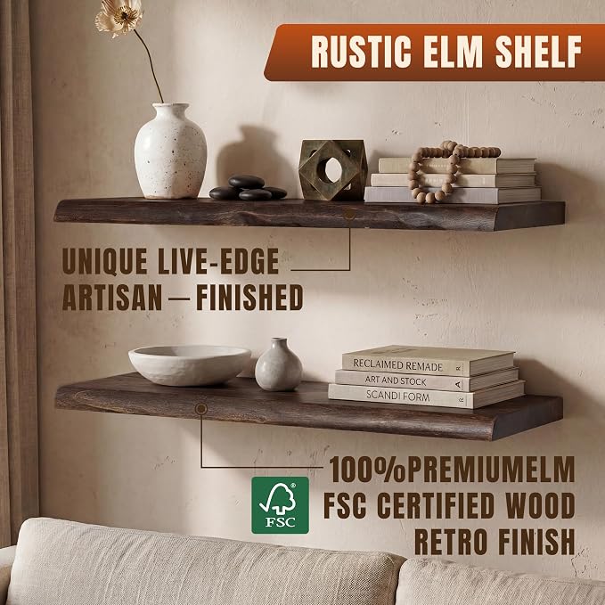55" Live Edge Floating Shelf, Solid Elm Wood Wall Shelf | 1.4" Thick, 9.3" Deep, 50 lb Load Capacity, FSC Certified Solid Elm Display Shelf for Living Room, Bedroom, Kitchen & Office