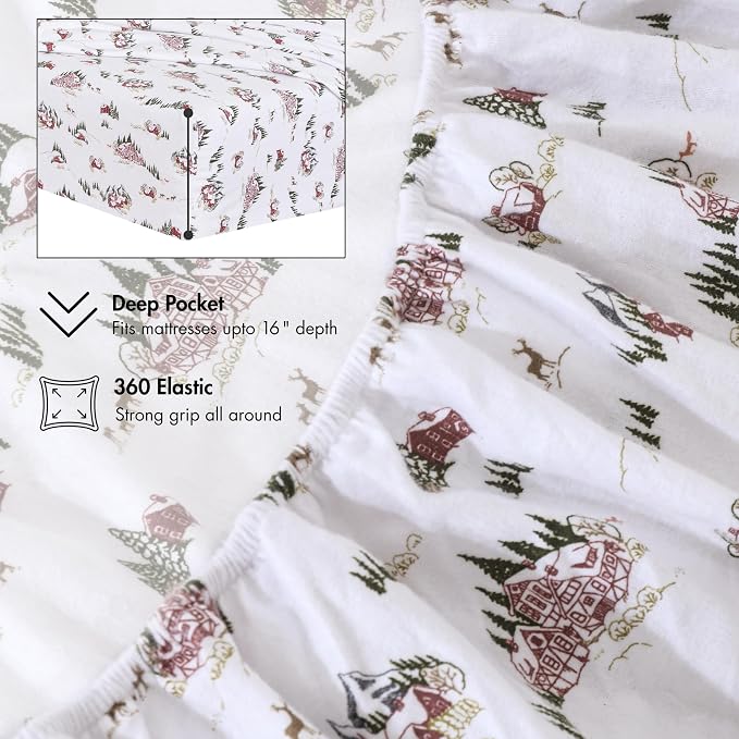 RUVANTI Flannel Sheets Queen Size - 100% Cotton Double Brushed Bed Sheets, Deep Pockets 16 Inches Queen Sheet Set, All Seasons Breathable & Extra Soft - Warm & Cozy, 4 Piece, Hilly Huts