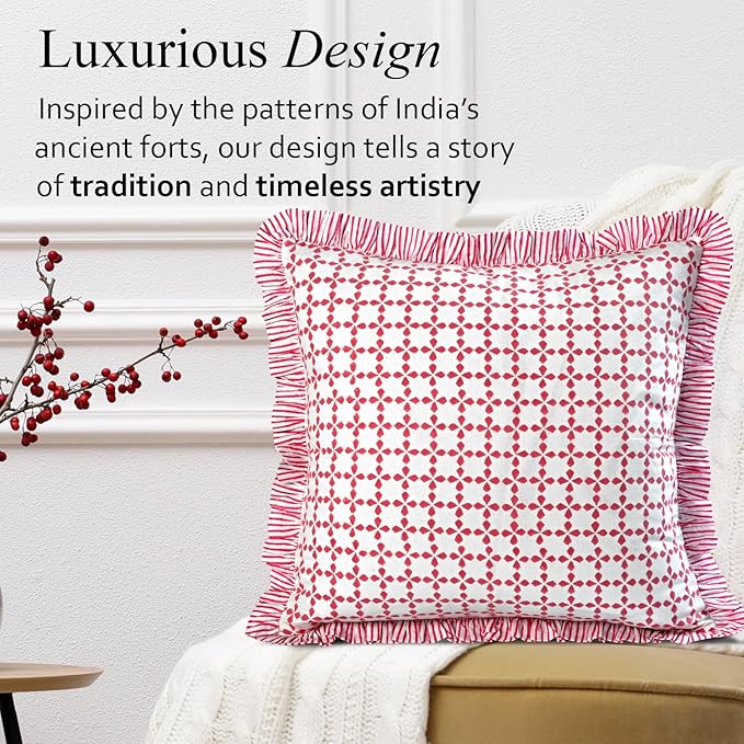 CPC Magenta Pink Hand Block Print 100% Cotton Ruffle Throw Pillow Cover 24x24 inch with Hidden Zipper Decorative for Couch, Bed, Sofa, Farmhouse, Cottagecore Decor Gift Christmas Fall Thanksgiving