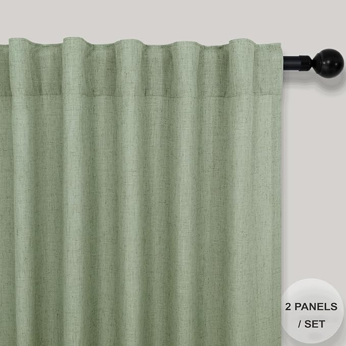 Light Sage Curtains 72 Inch Length for Bedroom 2 Panel Set Back Tab Rod Pocket Drapes Semi Sheer Light Filter Linen Woven Textured Olive Green Curtain for Living Room Dividing Closet Door 52x72 Long