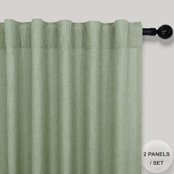 Sage Green Curtains 38 Inch Wide for Bedroom 2 Panels Back Tab Rod Pocket Semi Sheer Privacy Cotton Textured Light Filter Light Green Linen Curtains for Living Room Neutral Decor Width 38 x 96 Long
