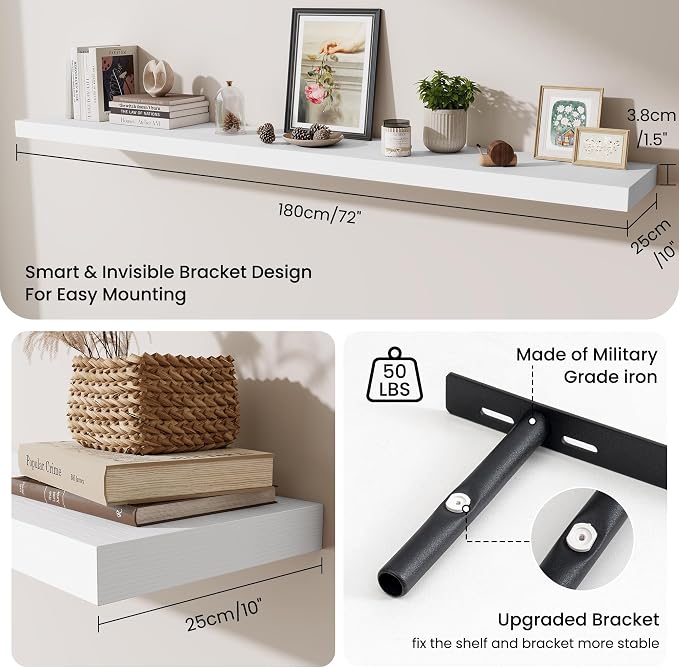 Fun Memories 72 Inch Fireplace Mantel Shelf, 10 Inch Deep Shelves for Display & Wall Storage, Rustic Wood Wall Shelf, Extra Long Floating Shelves for Living Room Laundry Room, White, Set of 2