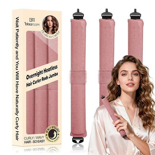 BLAAROOM Overnight Heatless Hair Curler, Upgraded with Hair Pad Grippers Satin Jumbo Flexi Blowout Curls Rods, 3pcs No-Heat Styling Tools Curling Rod to Sleep in for All Hair Types - Dark Pink