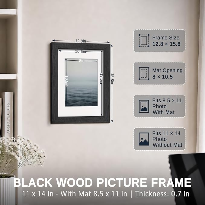 VCK 11x14 Picture Frames Black 3 Pack, Wide Border Solid Wood, Tempered Glass, Display 8.5x11 Photo with Mat or 11 x 14 without, for Home, Office, Gallery, Woodgrain Series, Wall Hanging