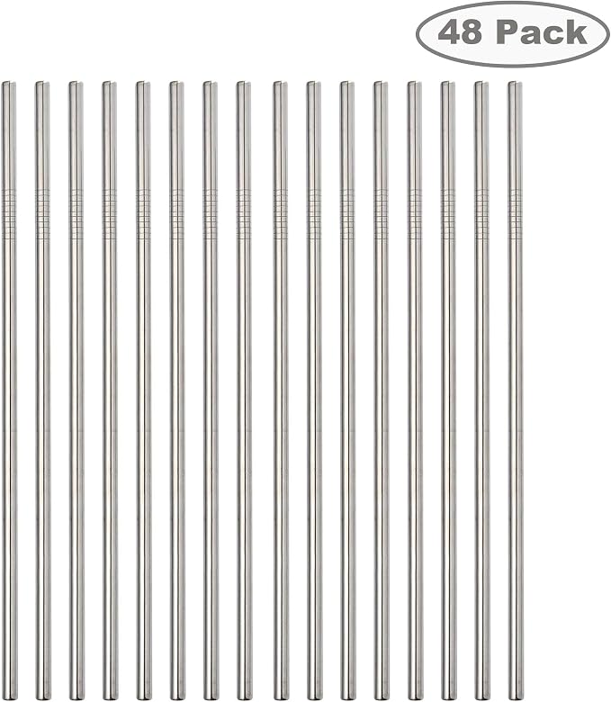 Set of 48 Stainless Steel Metal Straws 8.5'' Reusable Drinking Straws For 20oz Tumblers Yeti 6mm Diameter (48 Straight ) Silver