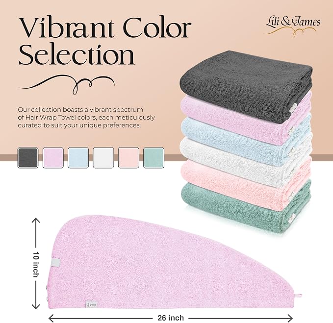 Lili&James 100% Cotton Hair Towel Wrap for Women & Kids – 420 GSM Quick Dry Hair Turban with Double Button Loop, Anti Frizz Non Microfiber Hair Drying Towel for Curly, Long & Thick Hair (Lilac)