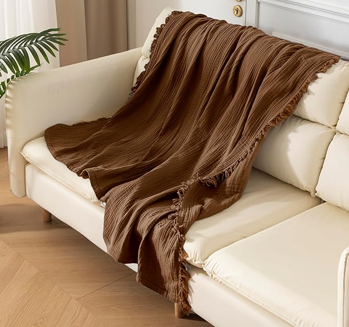KyraHome 100% Organic Cotton Throw Blankets, 90“x90” Queen, Pre-Washed Muslin Blanket, Plant Dyed, Breathable Lightweight Gauze Summer Blankets for Adults, Bed, Couch, All Season, (Brown)