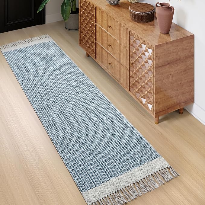 Lahome Belle Boho Kitchen Runner Rug, 2'6''x8 Runners for Hallways Lightweight Bathroom Rug Woven Cotton Throw Mat with Tassels, Farmhouse Blue Runner Rugs Non Shedding Rugs for Laundry Room Rv Decor