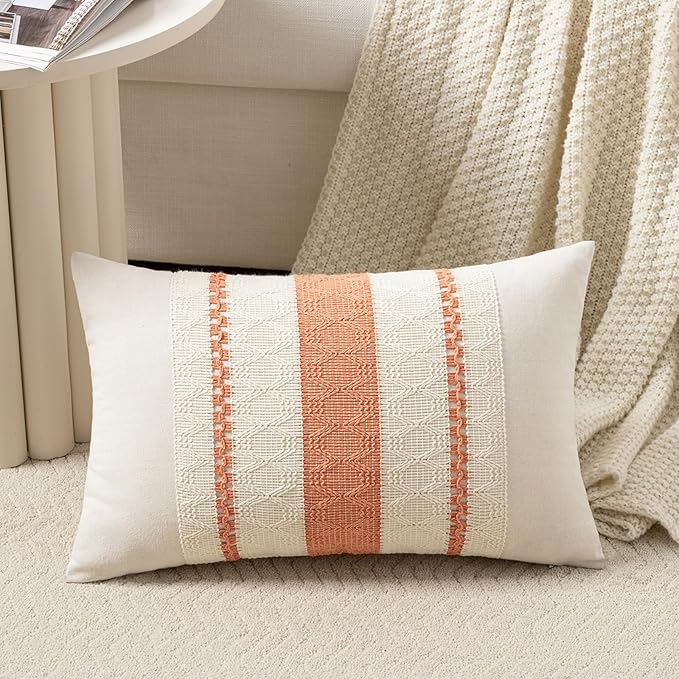 Fancy Homi Set of 1 Boho Coral Long Lumbar Decorative Throw Pillow Cover 14x24 Inch for Couch Bed Sofa Chair, Modern Organic Farmhouse Home Decor, Soft Cotton Cute Accent Rectangle Cushion Case