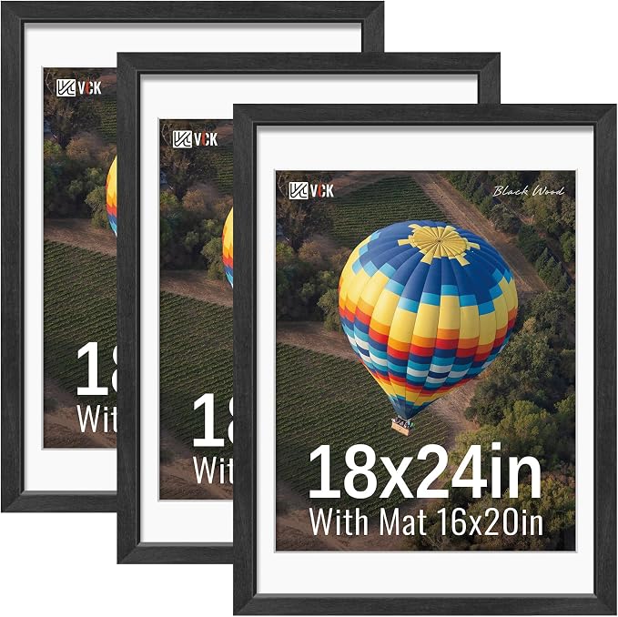 VCK 18x24 Frames Black 3 Pack, Wide Border Solid Wood, Display 16x20 Picture Photo with Mat or 18 x 24 without, for Home, Office, Gallery, Woodgrain Series, Wall Hanging
