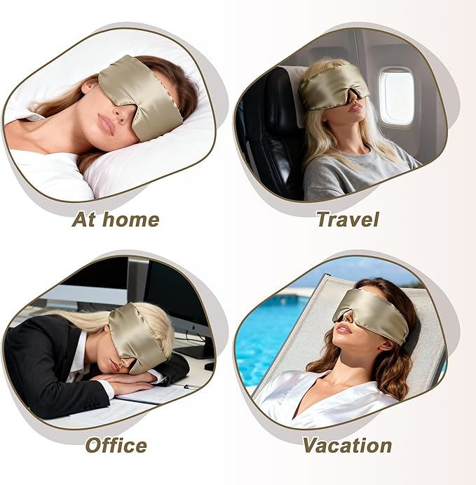 VOCOSTE 22 Momme Pure Silk Sleep Mask with Travel Pouch, 3D Contour Adjustable Blindfold for Side Sleepers, Taupe