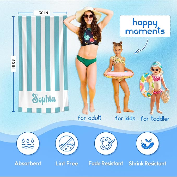 JML Personalized Beach Towel with Name, Custom Cabana Stripe Beach Towel, Customized Microfiber Pool Towel, Quick Dry & Absorbent Swim Towel for Adult,Anniversary, Birthday, Summer Holiday,Vacation