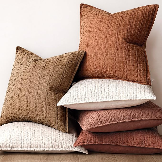 Foindtower Set of 2 Decorative Cotton Waffle Weave Throw Pillow Covers Euro Shams Cushion Covers Accent European Pillowcase for Bed Couch Sofa Bedroom Living Room Home Decor 24×24 Inch Orange Brown