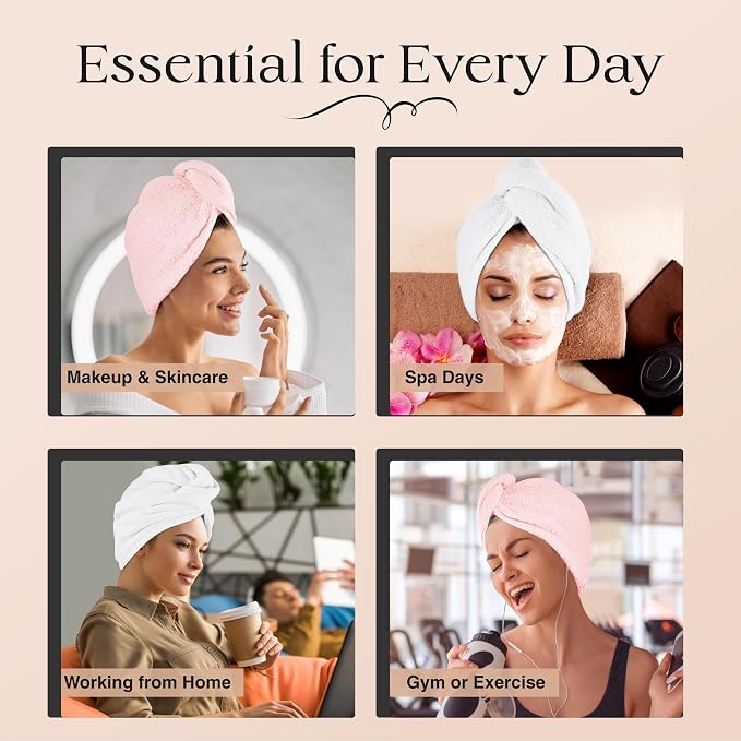 Lili&James 100% Cotton Hair Towel Wrap for Women & Kids – 420 GSM Quick Dry Hair Turban with Double Button Loop, Anti Frizz Non Microfiber Hair Drying Towel for Curly, Long & Thick Hair (White+Pink)