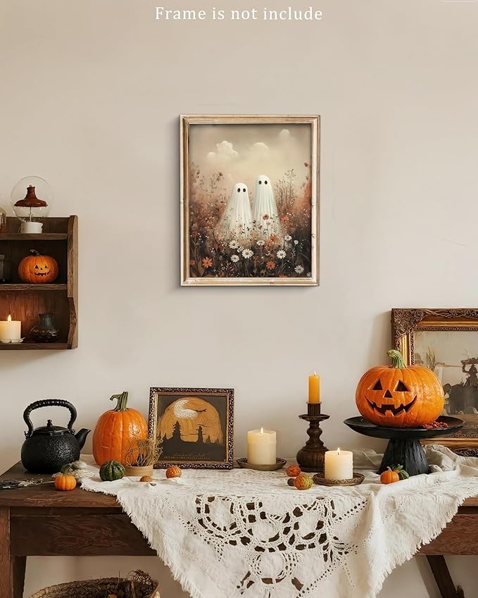 Vodefoad Vintage Cute Ghosts in Wildflower Meadow Print-Moody Autumn Decor, Cute Halloween Fall Painting, Victorian Ghost Posters Pictures for Living Room, Bedroom, Bathroom, Halloween Room decor - 8x10 Inch Unframed