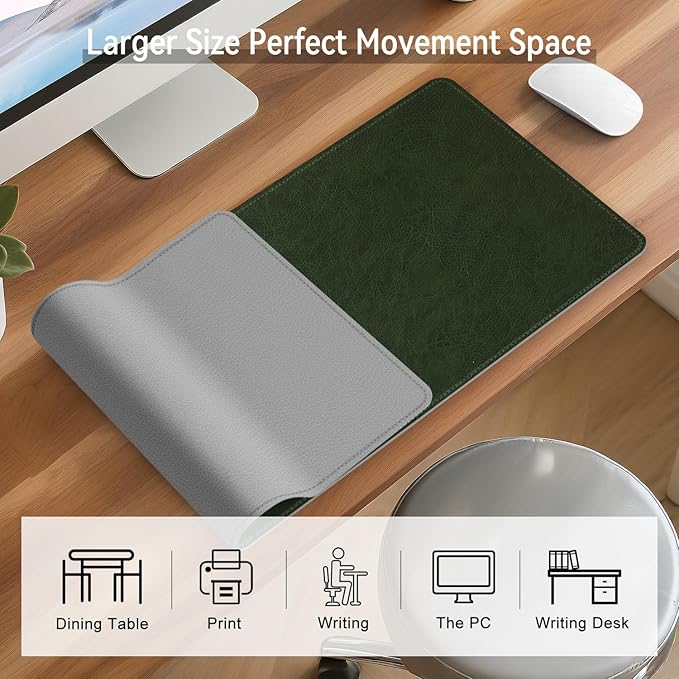 Imitation Crazy Horse Leather Desk Mat - Waterproof Desk Pad - Ideal for Large Mouse Pad and Desk Mats on Top of Desks (Green+Gray, 25"*13")