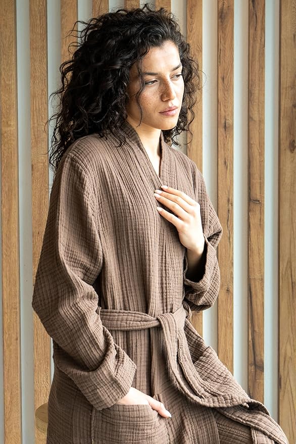 Muslin Unisex Bathrobe Women & Men, 100% Cotton Kimono Lightweight Robe | Long Robes Soft, Absorbent, Spa robes