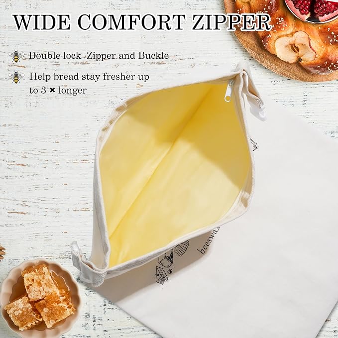 Beeswax Bread Bags with Zipper, 2-Pack Waxed Bread Bags for Homemade Bread and Sourdough, Sustainable Sourdough Loaf Storage to Lock in Freshness, 17"x13" XL
