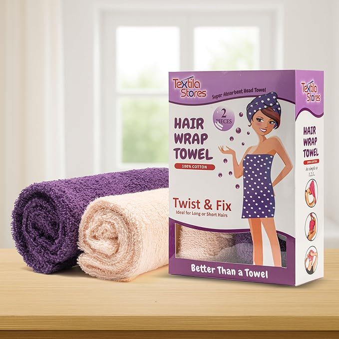 Textila 100% Cotton Hair Wrap Towels for Women (Pack of 2, Plum & Pink) – Soft & Absorbent Turban Towels for Long, Curly, Frizz-Prone Hair