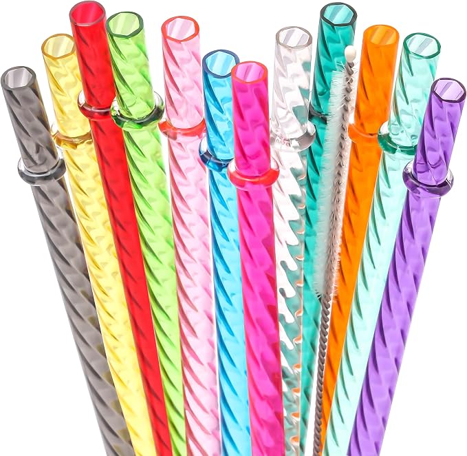 Dakoufish 7 Inch Reusable Clear Plastic Swirl Drinking Straws for 10 oz & 12 oz Short Mini Mason Jar Tumblers,Set of 12 Pcs Replacement Straws with Cleaning Brush (7inch,12color)