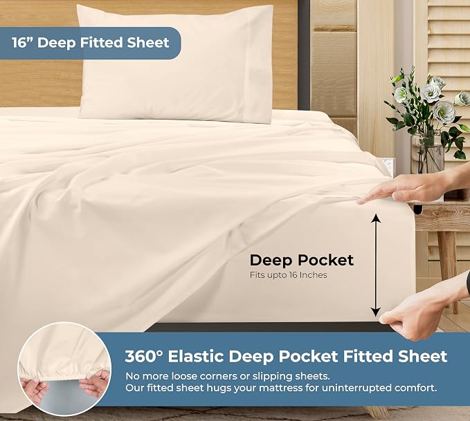 ROYALE LINENS 100% Organic Cotton Twin XL Sheet Set - Percale Weave - 3 Pieces Set - 1 Flat, 1 Deep Pocket Fitted Sheet and 1 Pillowcases - Cream Bed Sheets - Sábanas Twin XL - Crisp Cool (Cream)