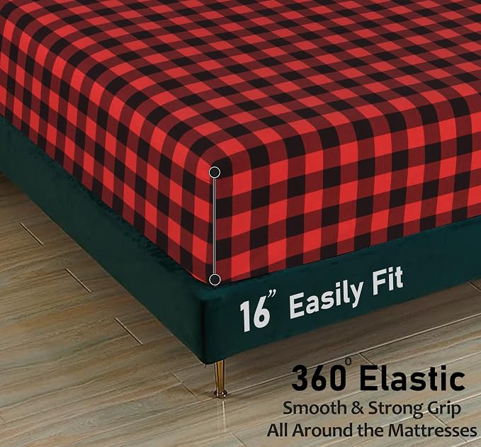 RUVANTI Flannel Sheets Queen Size - 100% Cotton Double Brushed Bed Sheets, Deep Pockets 16 Inches Queen Sheet Set, All Seasons Breathable & Extra Soft - Warm & Cozy, 4 Piece, Red & Black Plaid