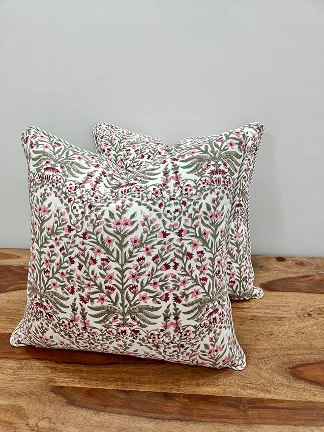 ATOSII Block Print Throw Pillow Covers, 18" X 18" - Set of 2, Decorative Couch Pillows for Living Room Bed Sofa, 100% Cotton Canvas Pillow Case for Home Decor & Outdoors, Preppy Throws - Nargis Pink